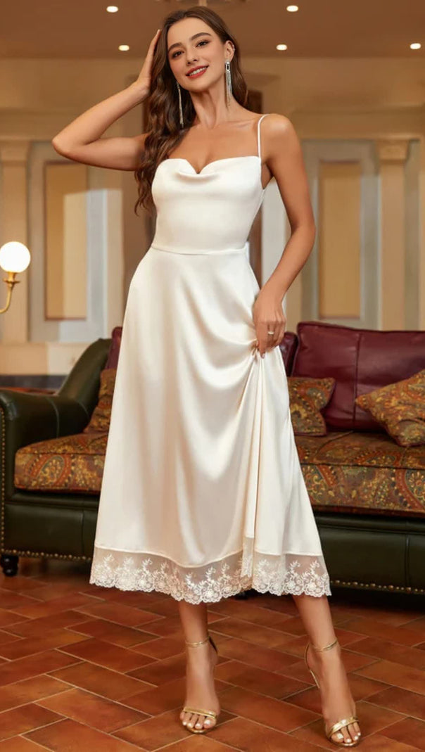 AIIZIE SATIN LACE PANELLED SUSPENDER MIDI DRESS IN WHITE - product image