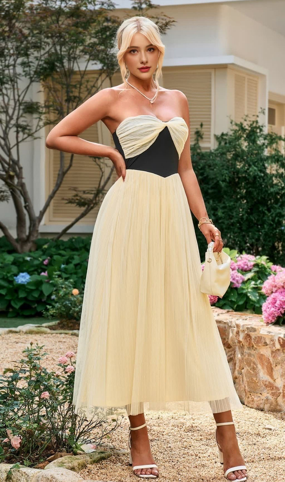 Midi-Tube-Kleid aus Netzstoff mit kontrastierender Rüschen-Brustpartie