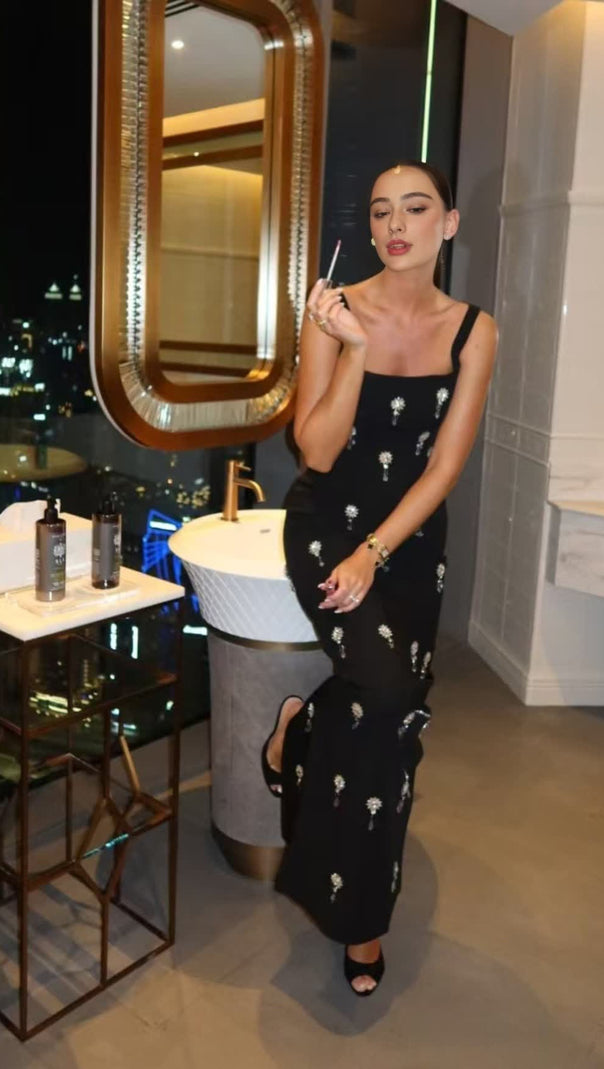 AIIZIE BLACK SLEEVELESS SQUARE NECK DIAMANTE BANDAGE MAXI DRESS - product image