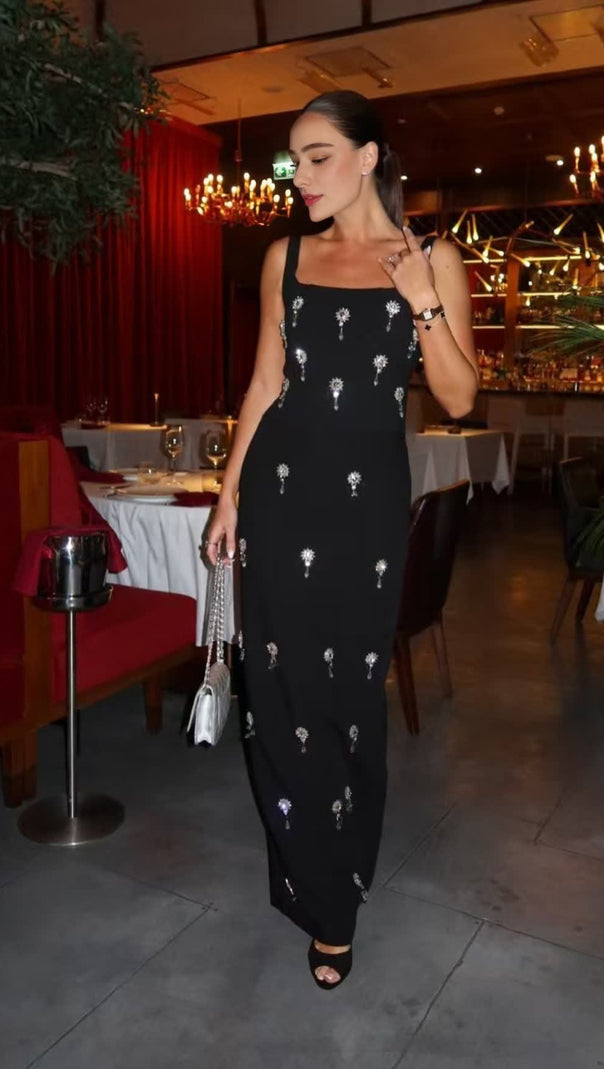 AIIZIE BLACK SLEEVELESS SQUARE NECK DIAMANTE BANDAGE MAXI DRESS - product image