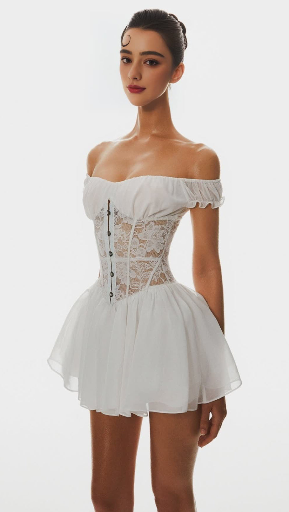 HATHIA OFF SHOULDER LACE CORSET MINI DRESS