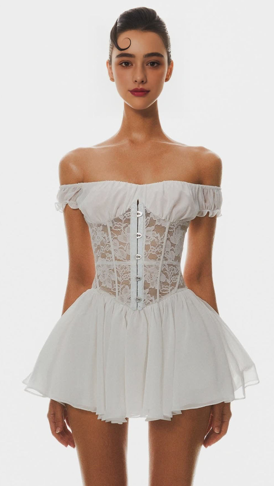 HATHIA OFF SHOULDER LACE CORSET MINI DRESS