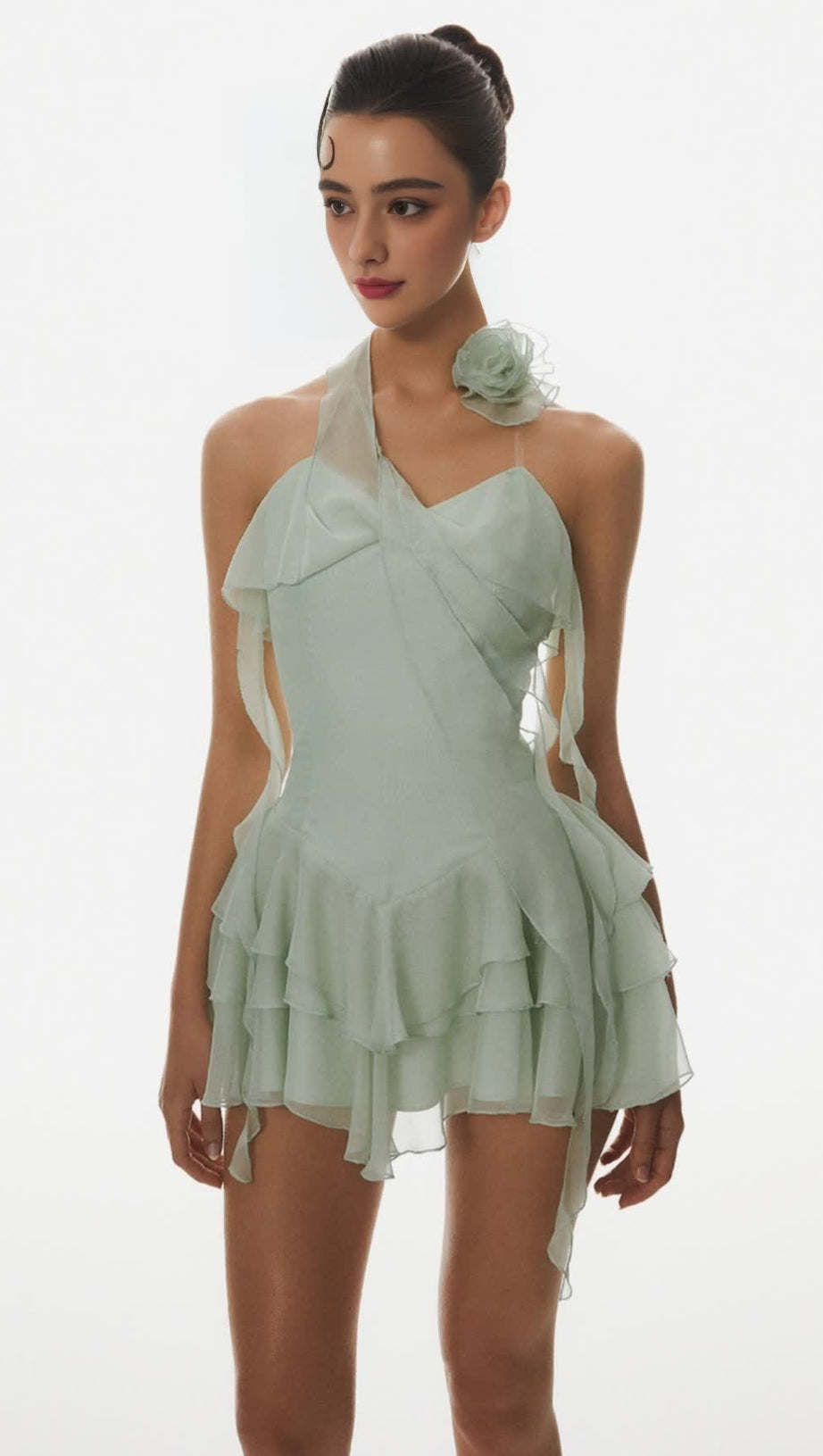 KYRIE HALTER FLORAL RUFFLE MINI DRESS - GREEN