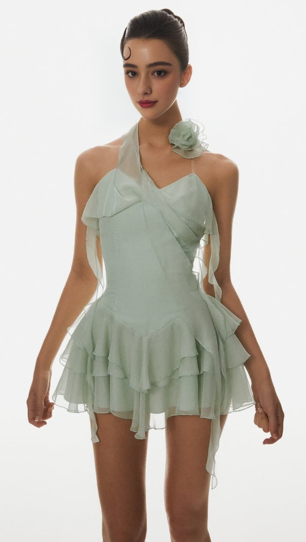 AIIZIE KYRIE HALTER FLORAL RUFFLE MINI DRESS - GREEN - product image