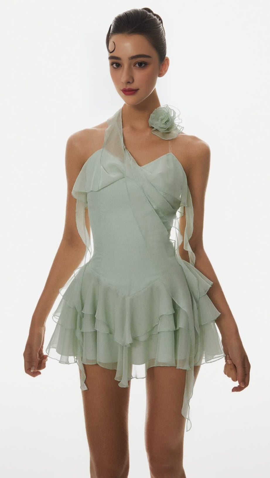 KYRIE HALTER FLORAL RUFFLE MINI DRESS - GREEN