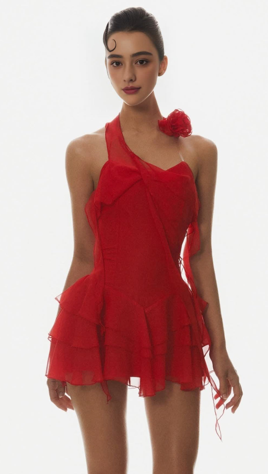 KYRIE HALTER FLORAL RUFFLE MINI DRESS - RED