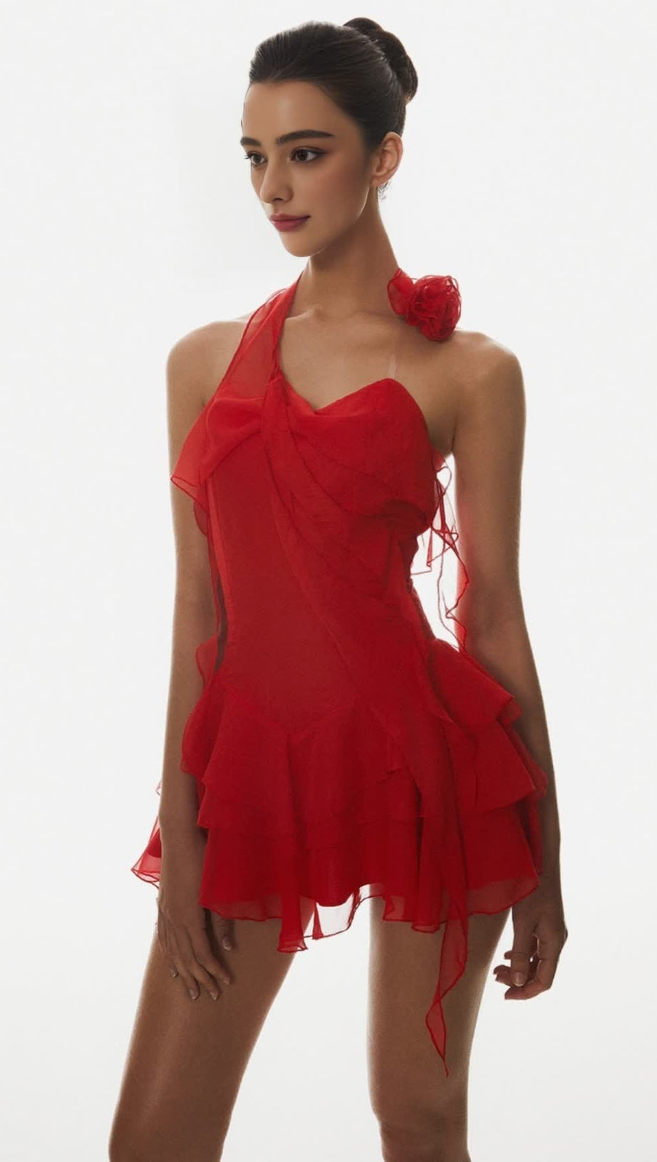 KYRIE HALTER FLORAL RUFFLE MINI DRESS - RED