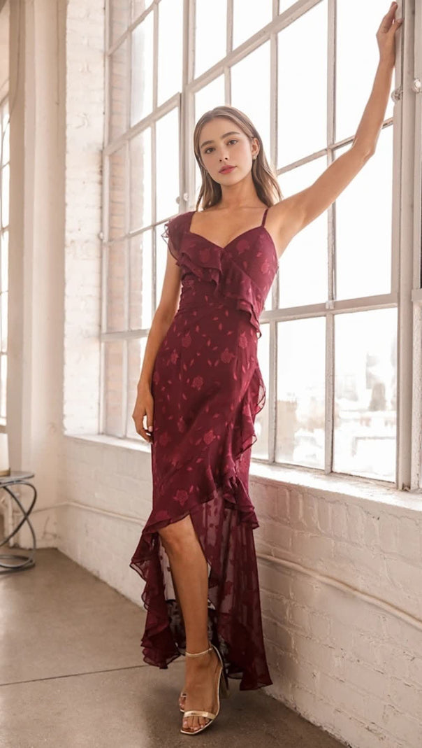 AIIZIE BURGUNDY FLORAL JACQUARD RUFFLED MAXI DRESS - product image
