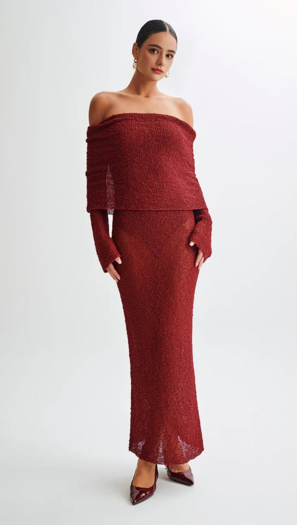 AIIZIE WINE RED VACATION - STYLE KNITTED BACKLESS BOAT - NECK MAXI DRESS - product image