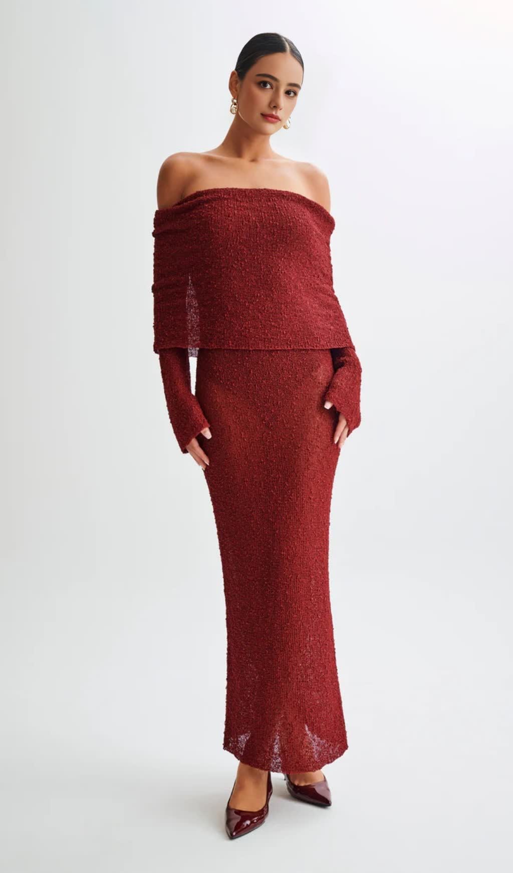 WINE RED VACATION - STYLE KNITTED BACKLESS BOAT - NECK MAXI DRESS