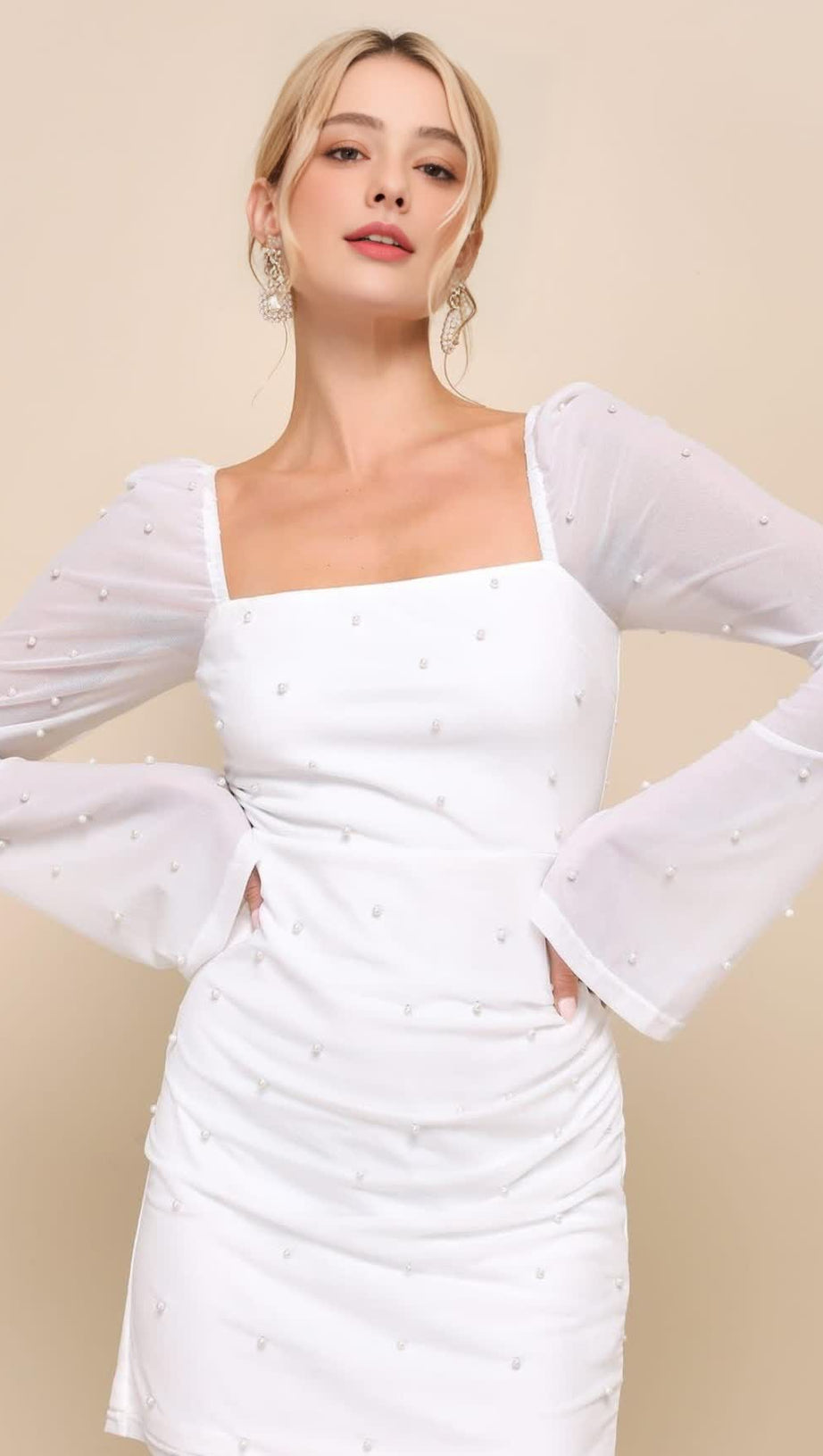 FLIRTY LUXURY IVORY MESH PEARL LONG SLEEVE MINI DRESS
