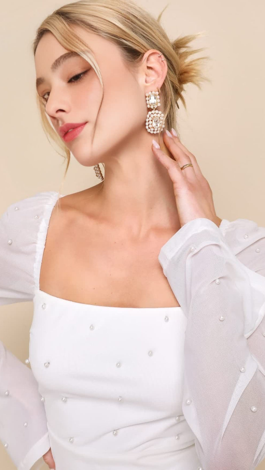 FLIRTY LUXURY IVORY MESH PEARL LONG SLEEVE MINI DRESS