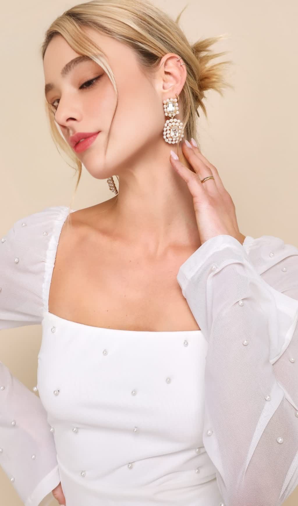 FLIRTY LUXURY IVORY MESH PEARL LONG SLEEVE MINI DRESS