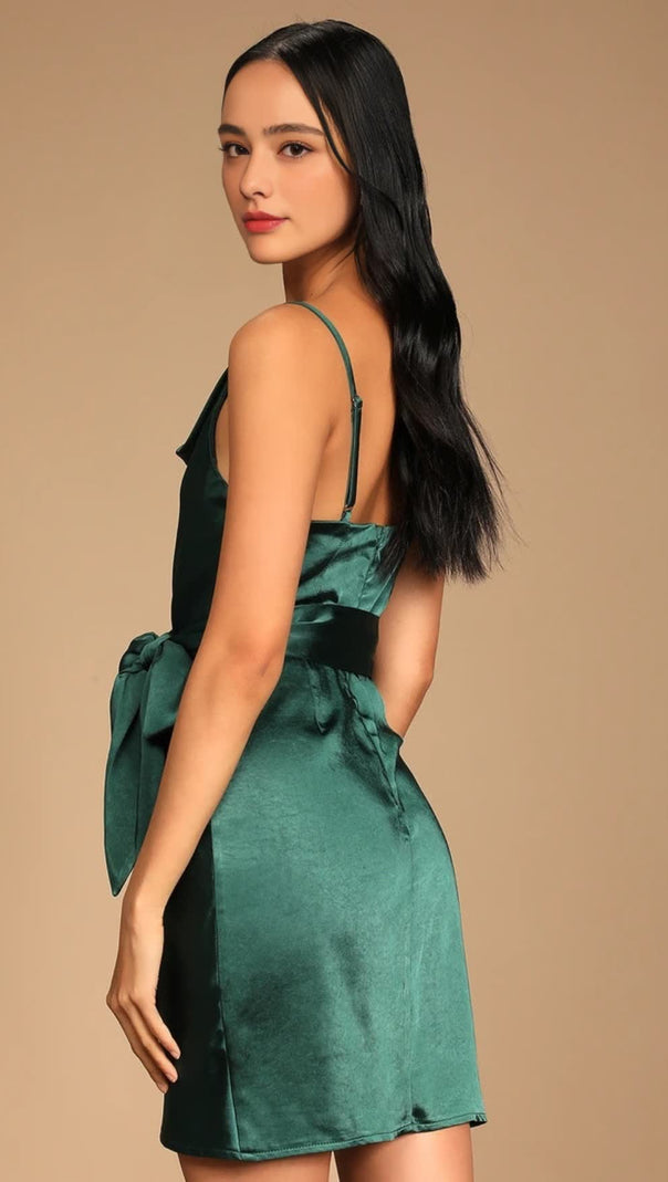 AIIZIE EMERALD SATIN COWL NECK TULIP MINI DRESS - product image