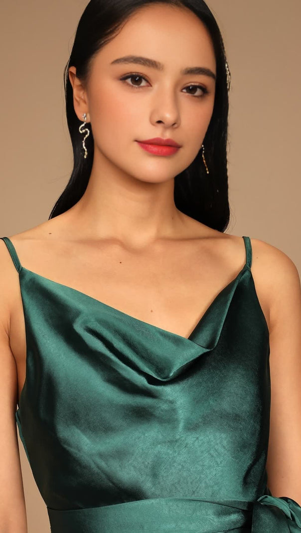 AIIZIE EMERALD SATIN COWL NECK TULIP MINI DRESS - product image