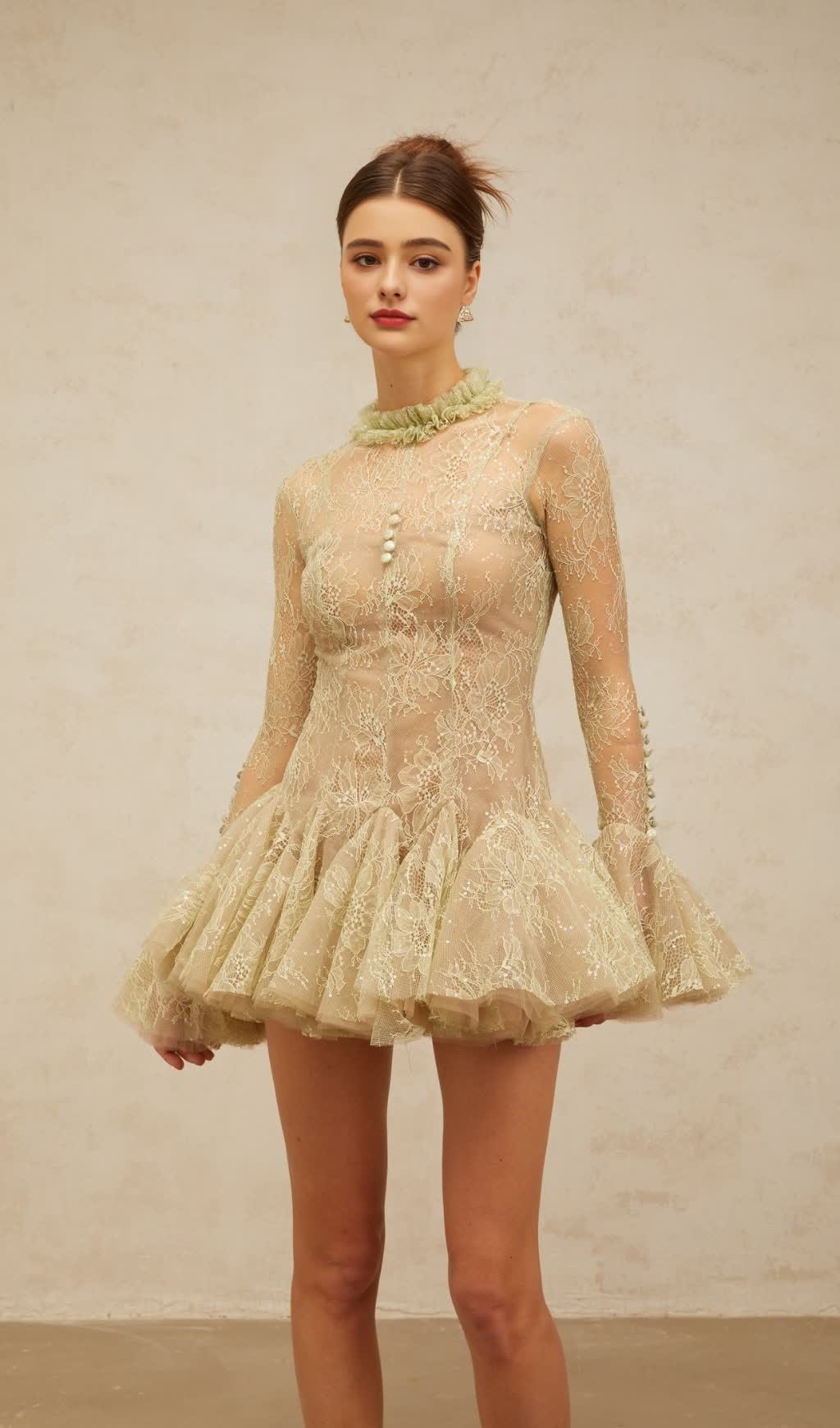 GREEN EMBROIDERED FLARED MINI DRESS