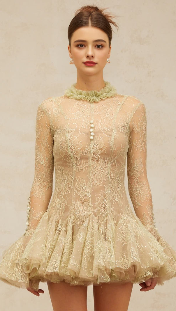 AIIZIE GREEN EMBROIDERED FLARED MINI DRESS - product image