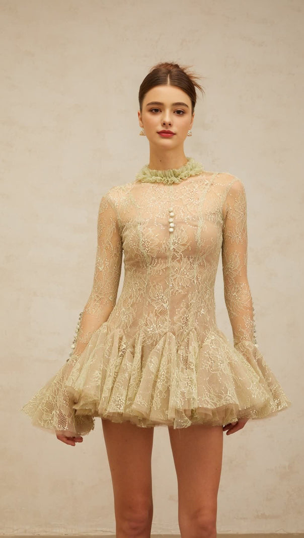AIIZIE GREEN EMBROIDERED FLARED MINI DRESS - product image