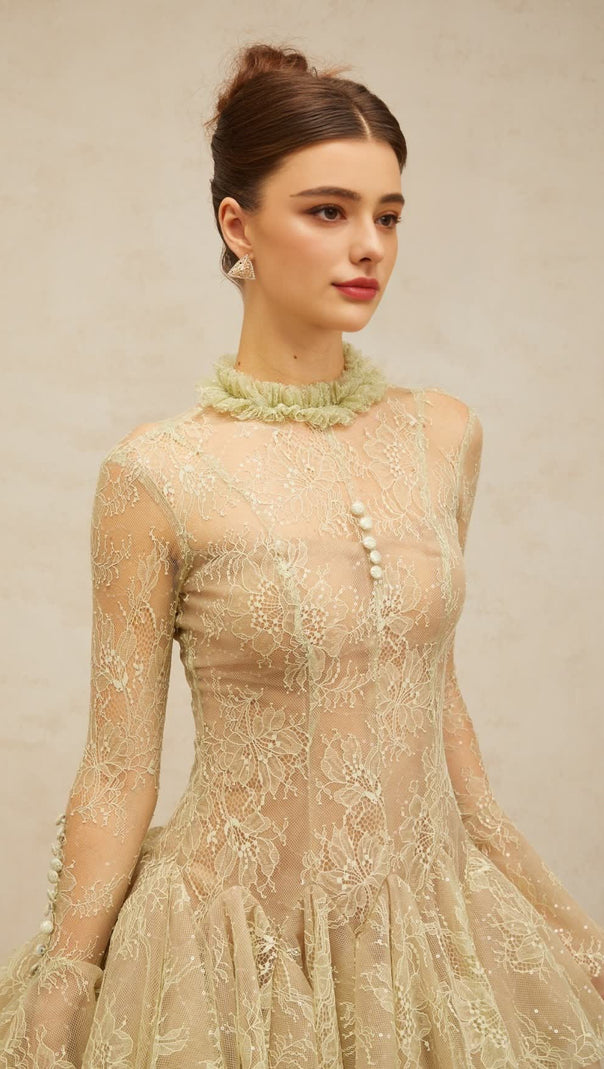 AIIZIE GREEN EMBROIDERED FLARED MINI DRESS - product image