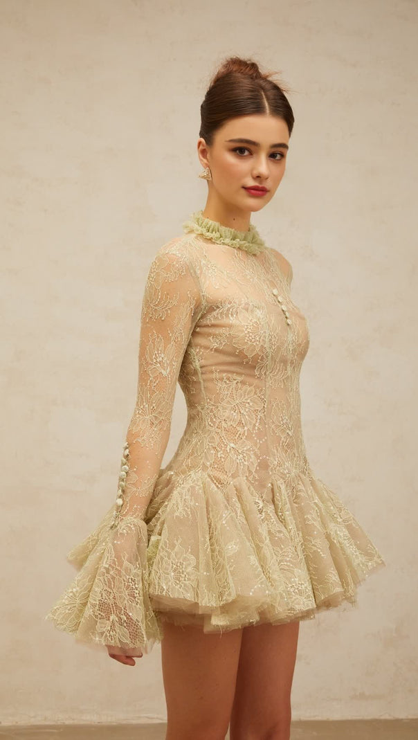 AIIZIE GREEN EMBROIDERED FLARED MINI DRESS - product image