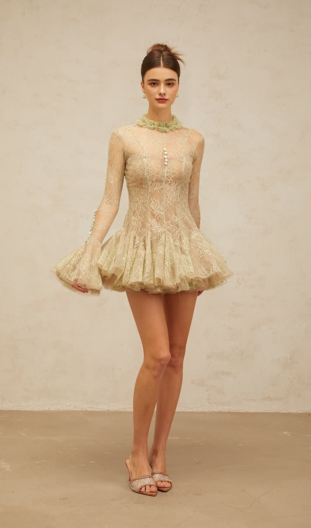 GREEN EMBROIDERED FLARED MINI DRESS