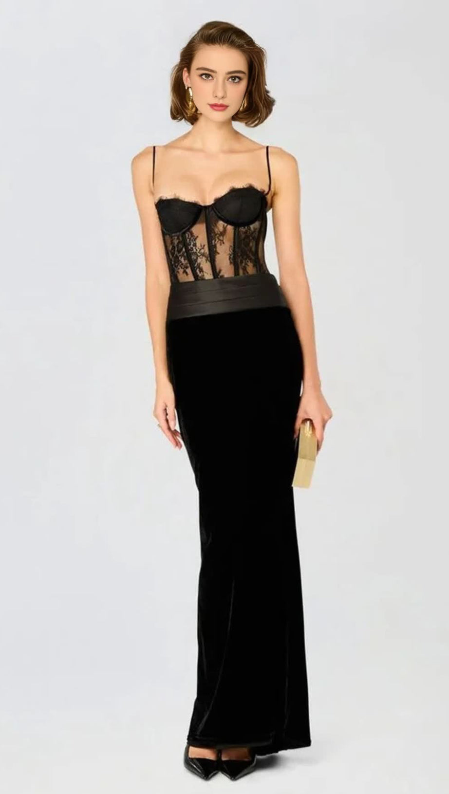 LACE CORSET VELVET MAXI DRESS