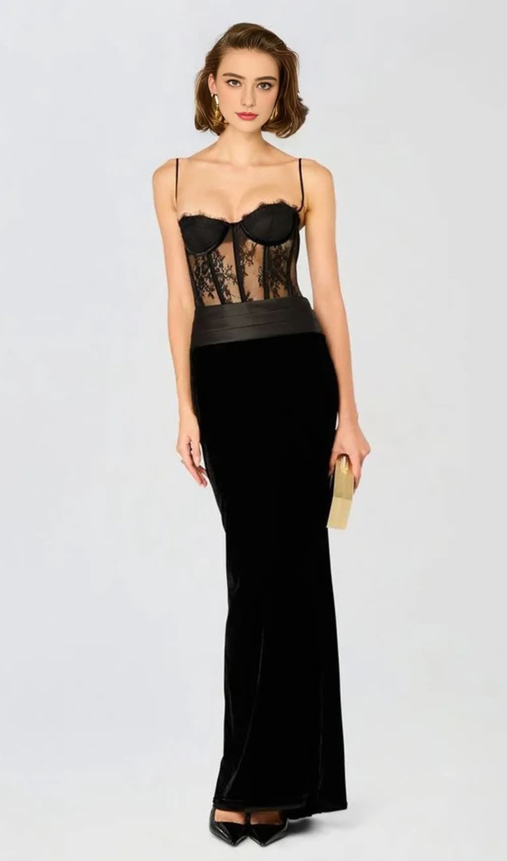 LACE CORSET VELVET MAXI DRESS