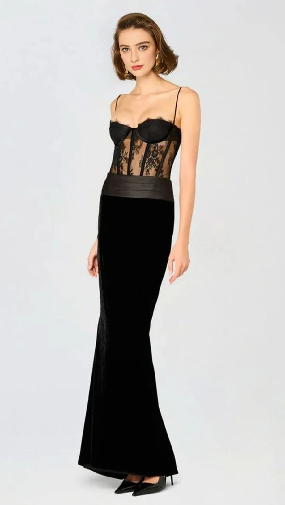 LACE CORSET VELVET MAXI DRESS
