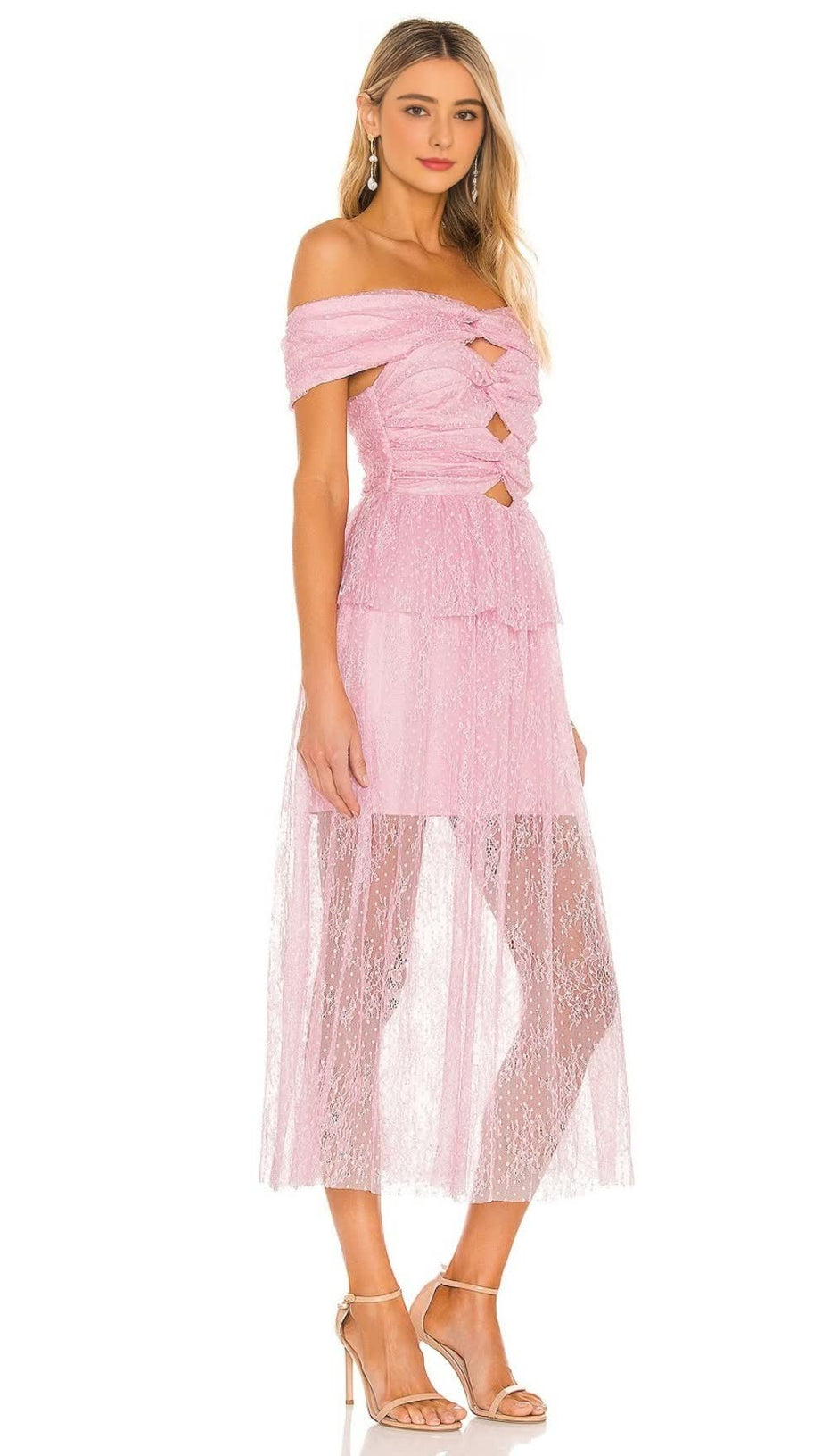 LACE CUTOUT STRAPLESS MIDI DRESS IN LILAC