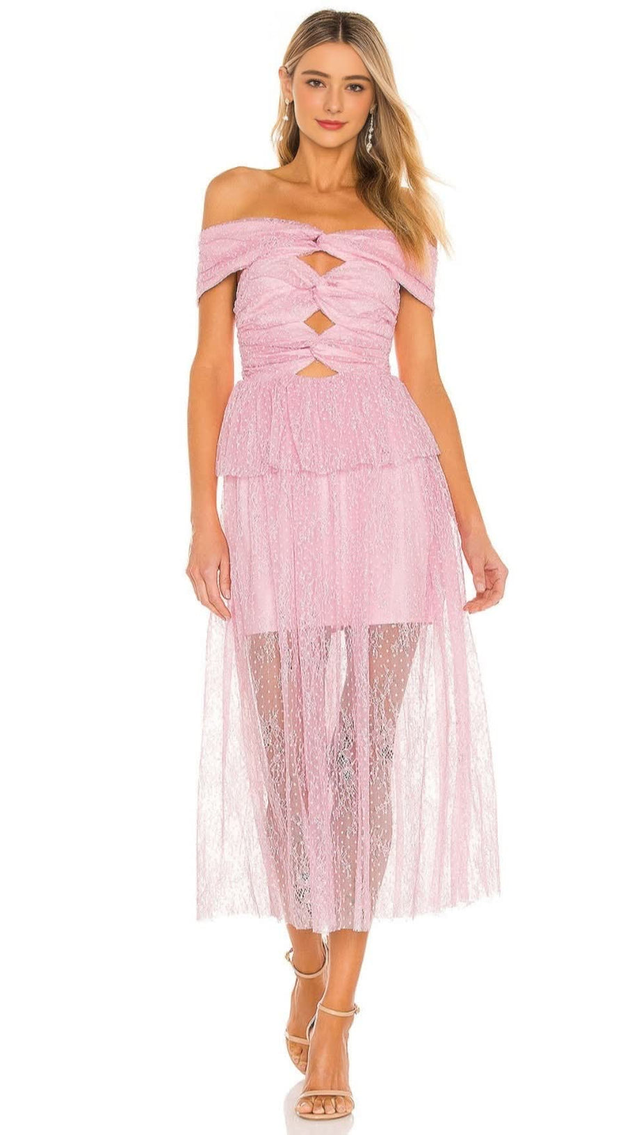 LACE CUTOUT STRAPLESS MIDI DRESS IN LILAC