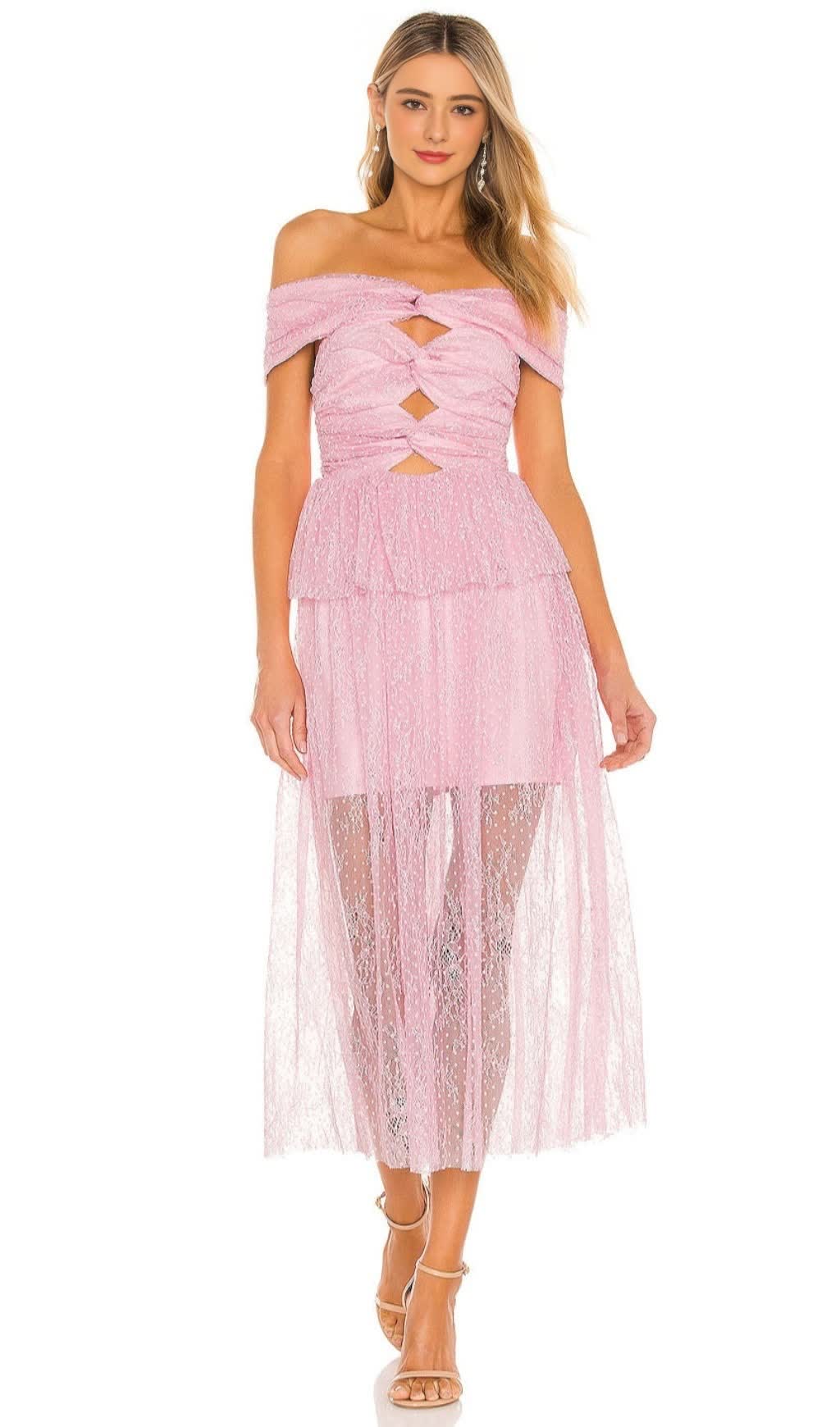 LACE CUTOUT STRAPLESS MIDI DRESS IN LILAC