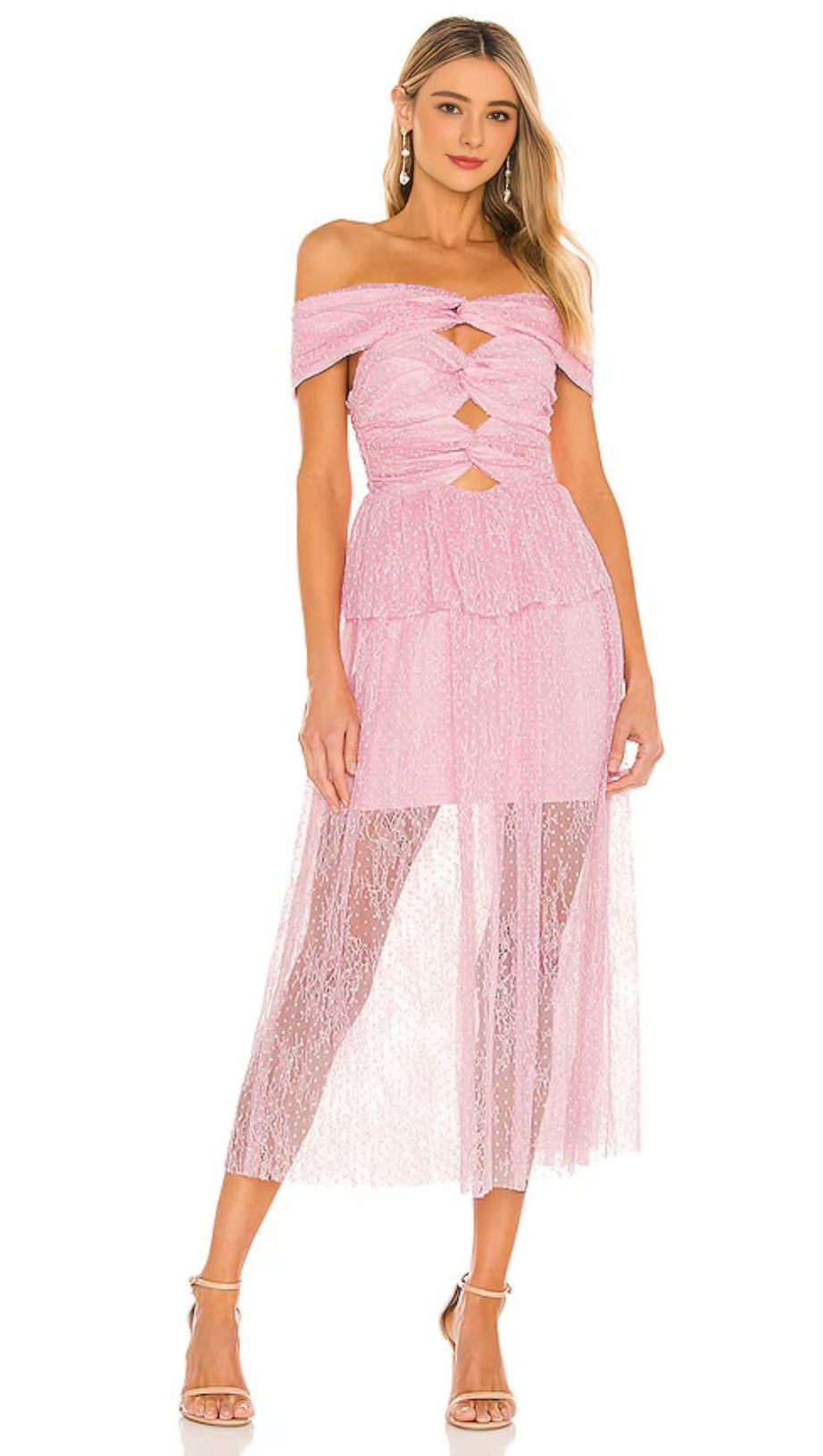 LACE CUTOUT STRAPLESS MIDI DRESS IN LILAC