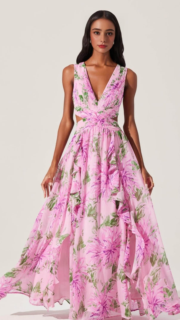 AIIZIE ALYSSA RUFFLE FLORAL CUTOUT MAXI DRESS IN PINK - product image