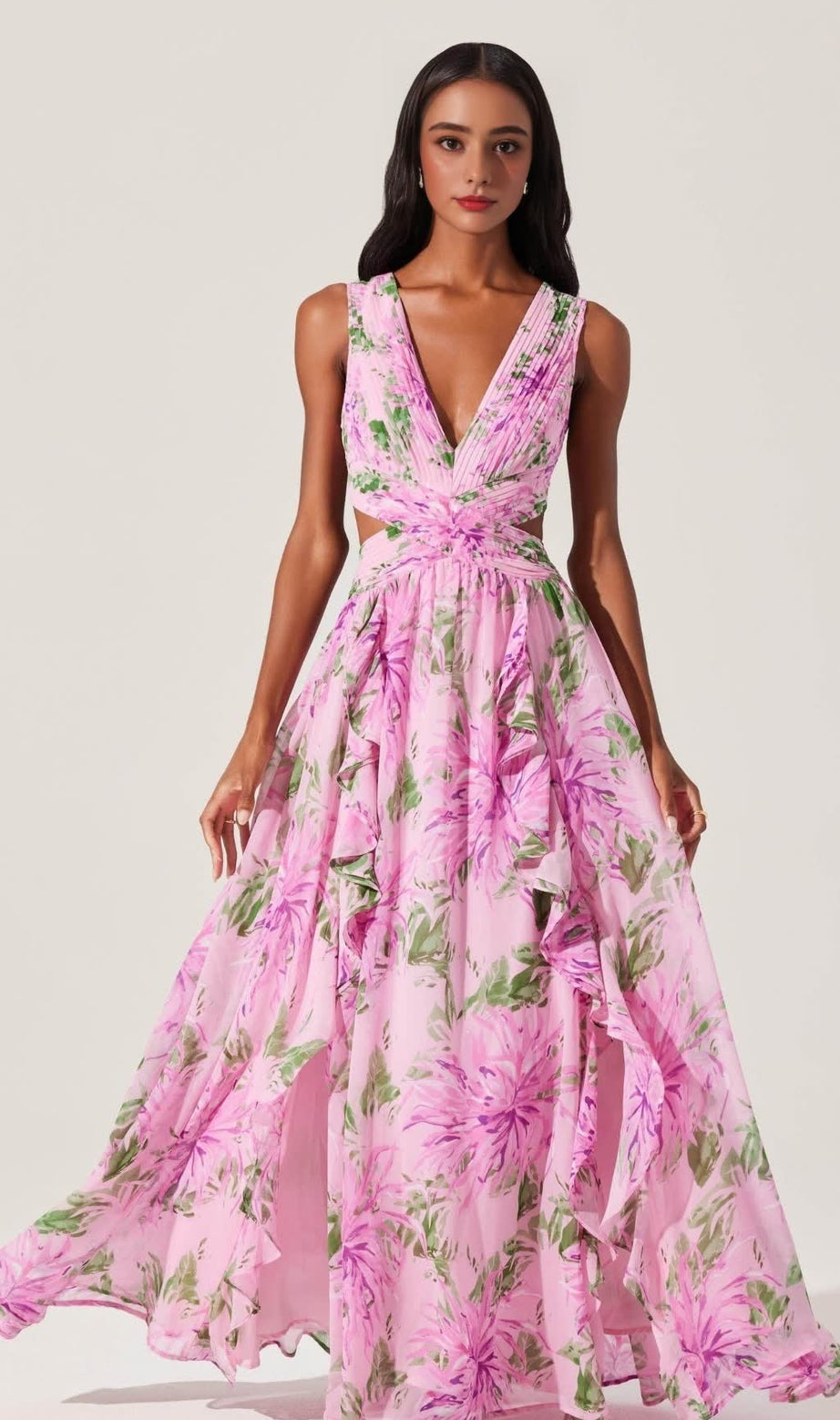 Alyssa – Maxikleid mit Rüschen und Blumen-Cutout in Rosa