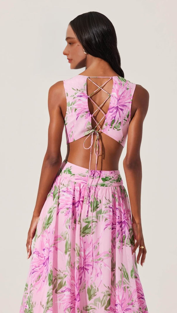 AIIZIE ALYSSA RUFFLE FLORAL CUTOUT MAXI DRESS IN PINK - product image