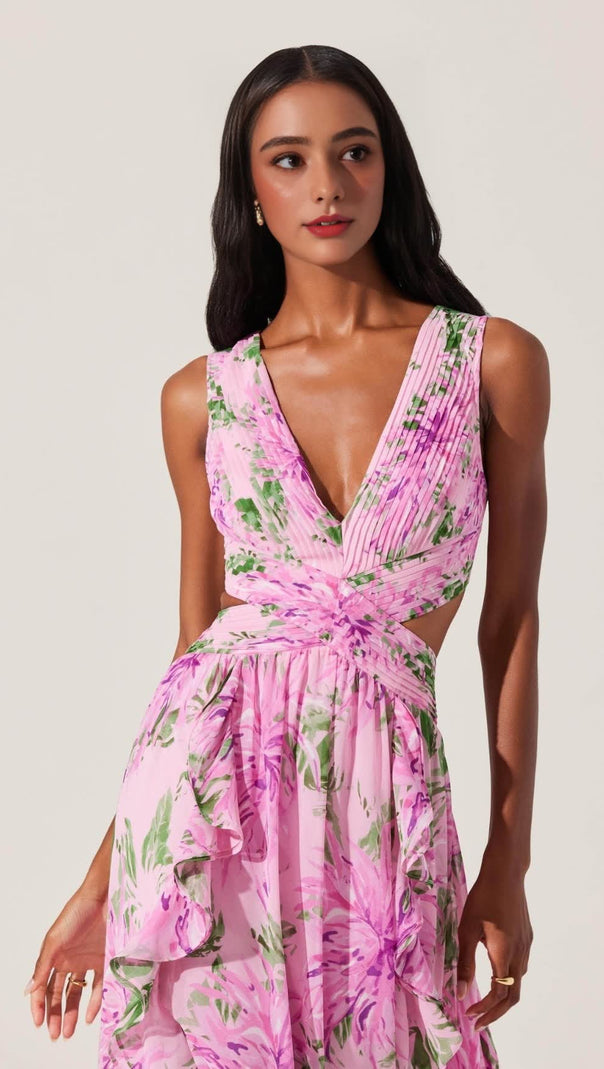 AIIZIE ALYSSA RUFFLE FLORAL CUTOUT MAXI DRESS IN PINK - product image