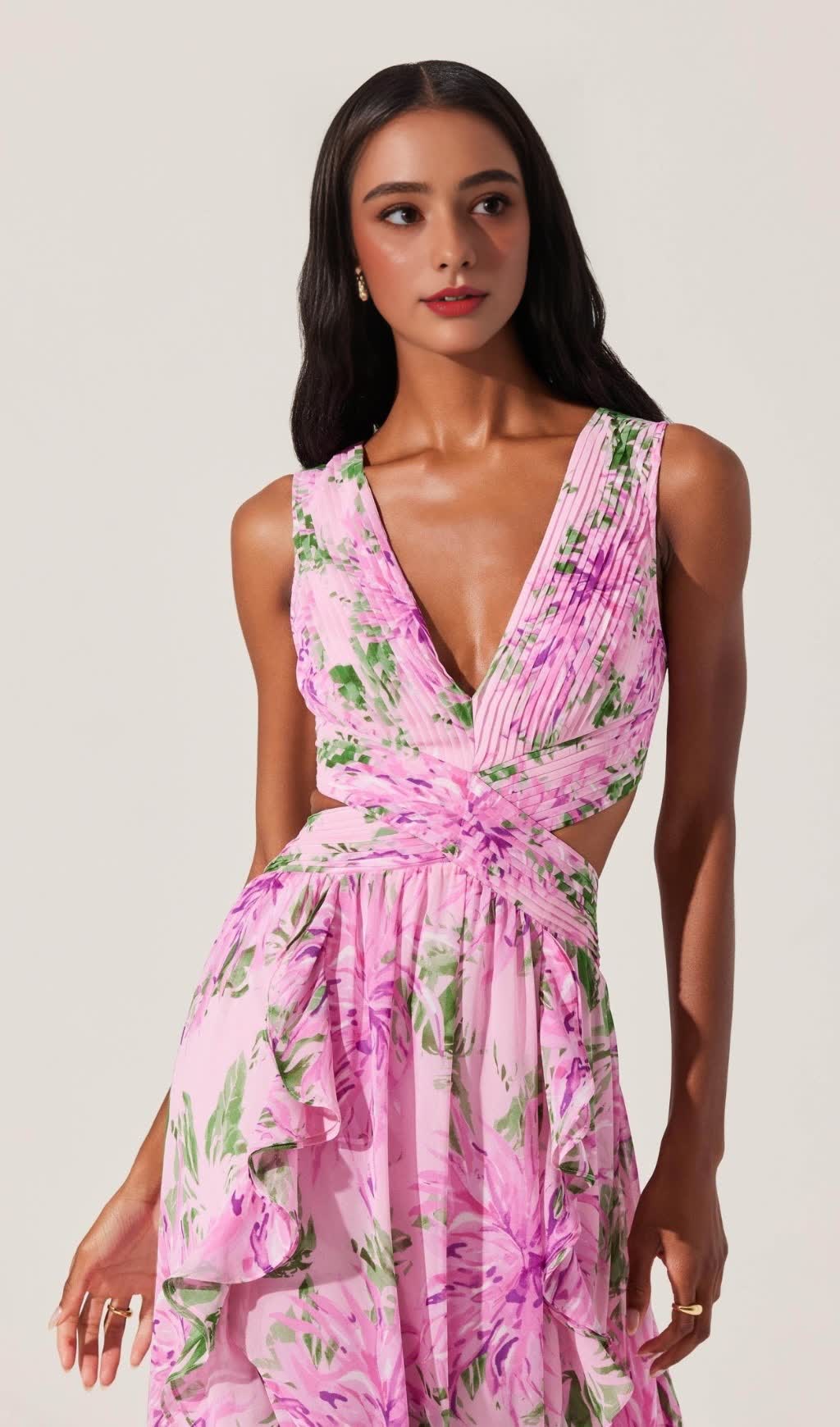 ALYSSA RUFFLE FLORAL CUTOUT MAXI DRESS IN PINK