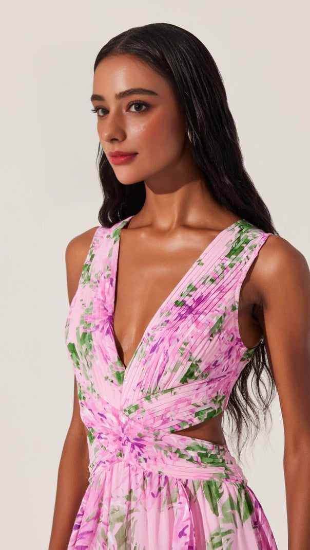AIIZIE ALYSSA RUFFLE FLORAL CUTOUT MAXI DRESS IN PINK - product image