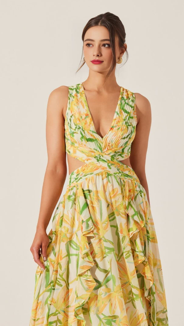 AIIZIE ALYSSA RUFFLE FLORAL CUTOUT MAXI DRESS IN YELLOW - product image