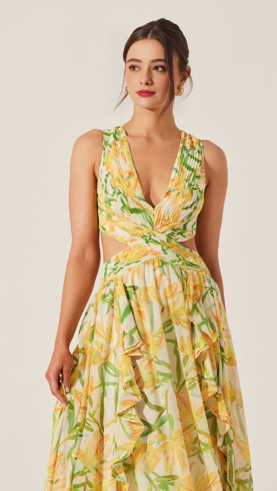 ALYSSA RUFFLE FLORAL CUTOUT MAXI DRESS IN YELLOW