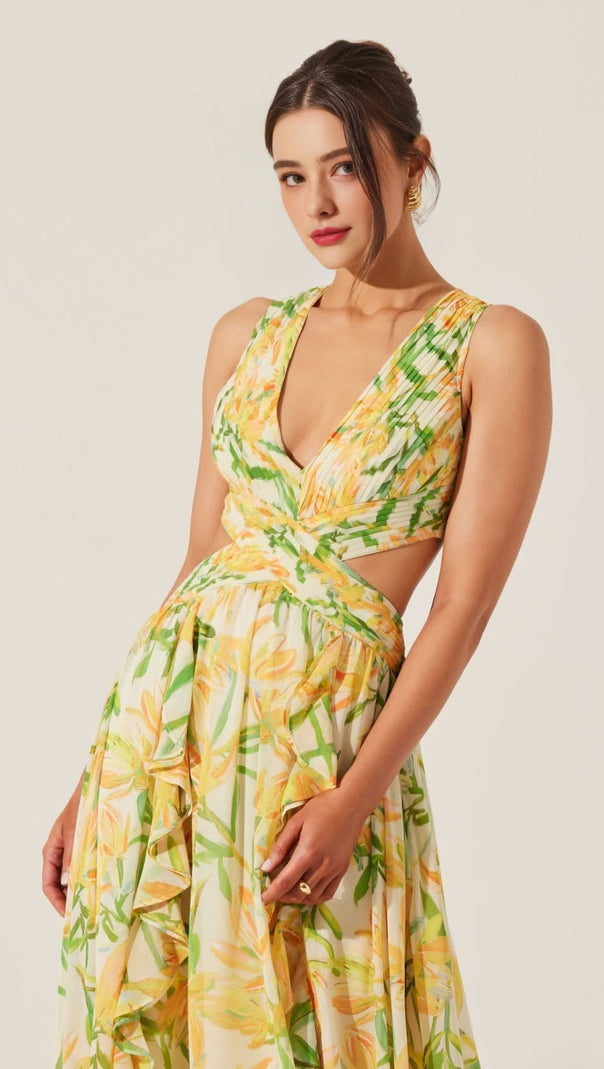 AIIZIE ALYSSA RUFFLE FLORAL CUTOUT MAXI DRESS IN YELLOW - product image