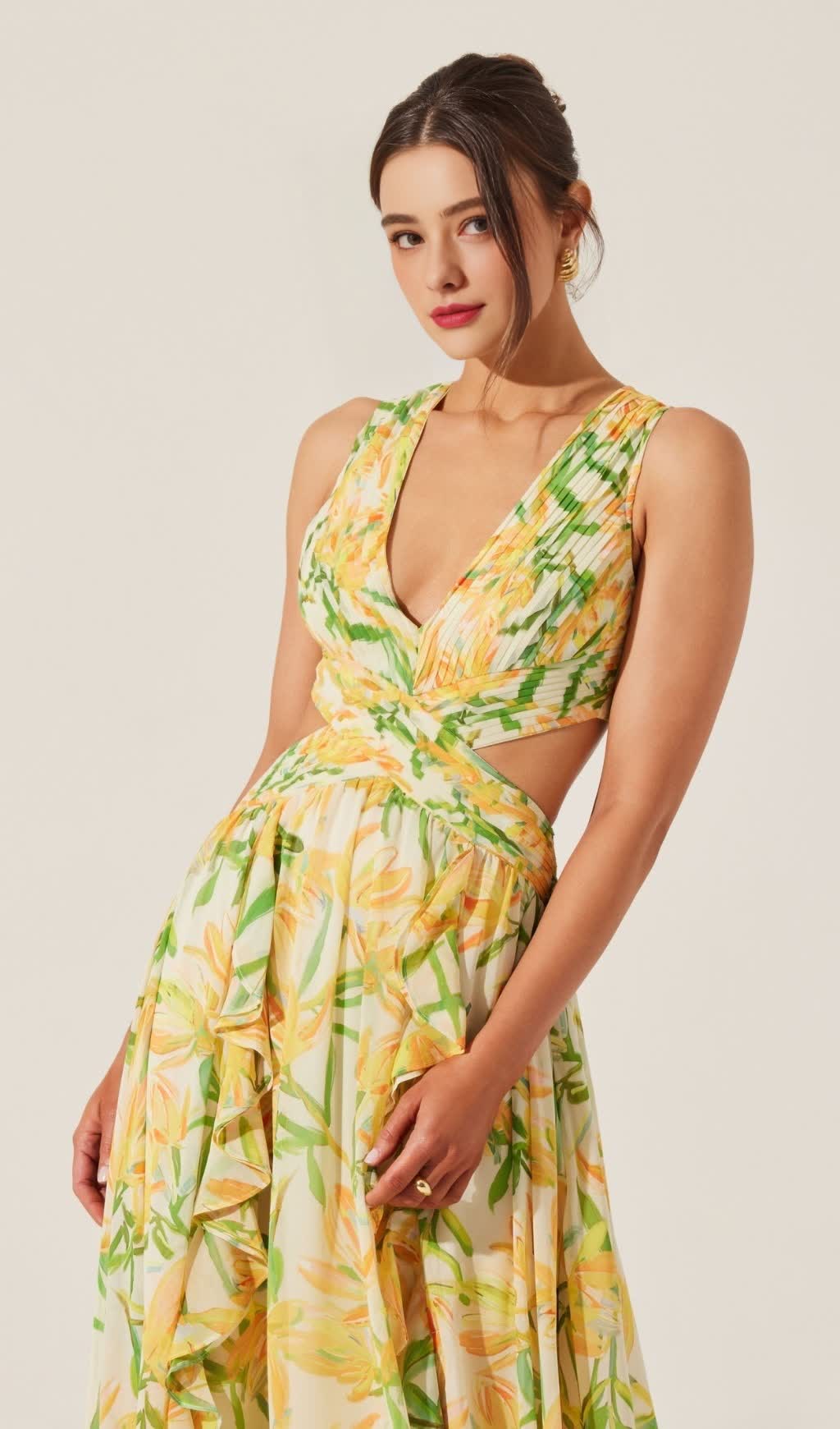 ALYSSA RUFFLE FLORAL CUTOUT MAXI DRESS IN YELLOW