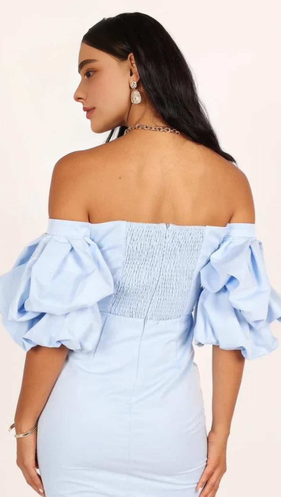 FERN PUFF SLEEVE MINI DRESS - ICY BLUE