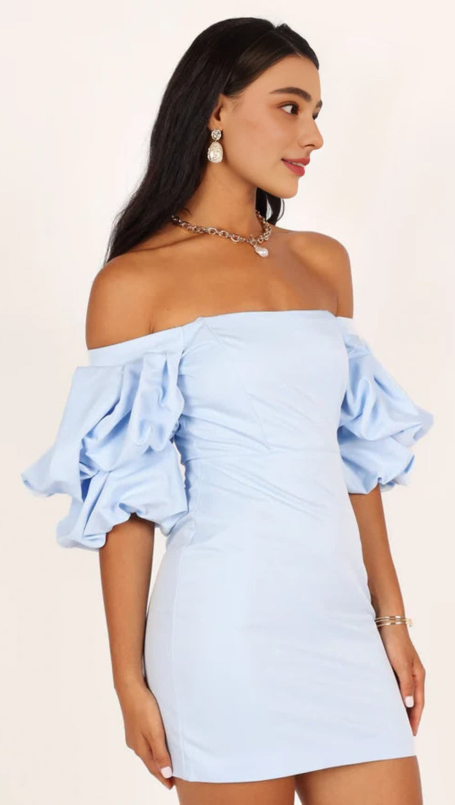 FERN PUFF SLEEVE MINI DRESS - ICY BLUE