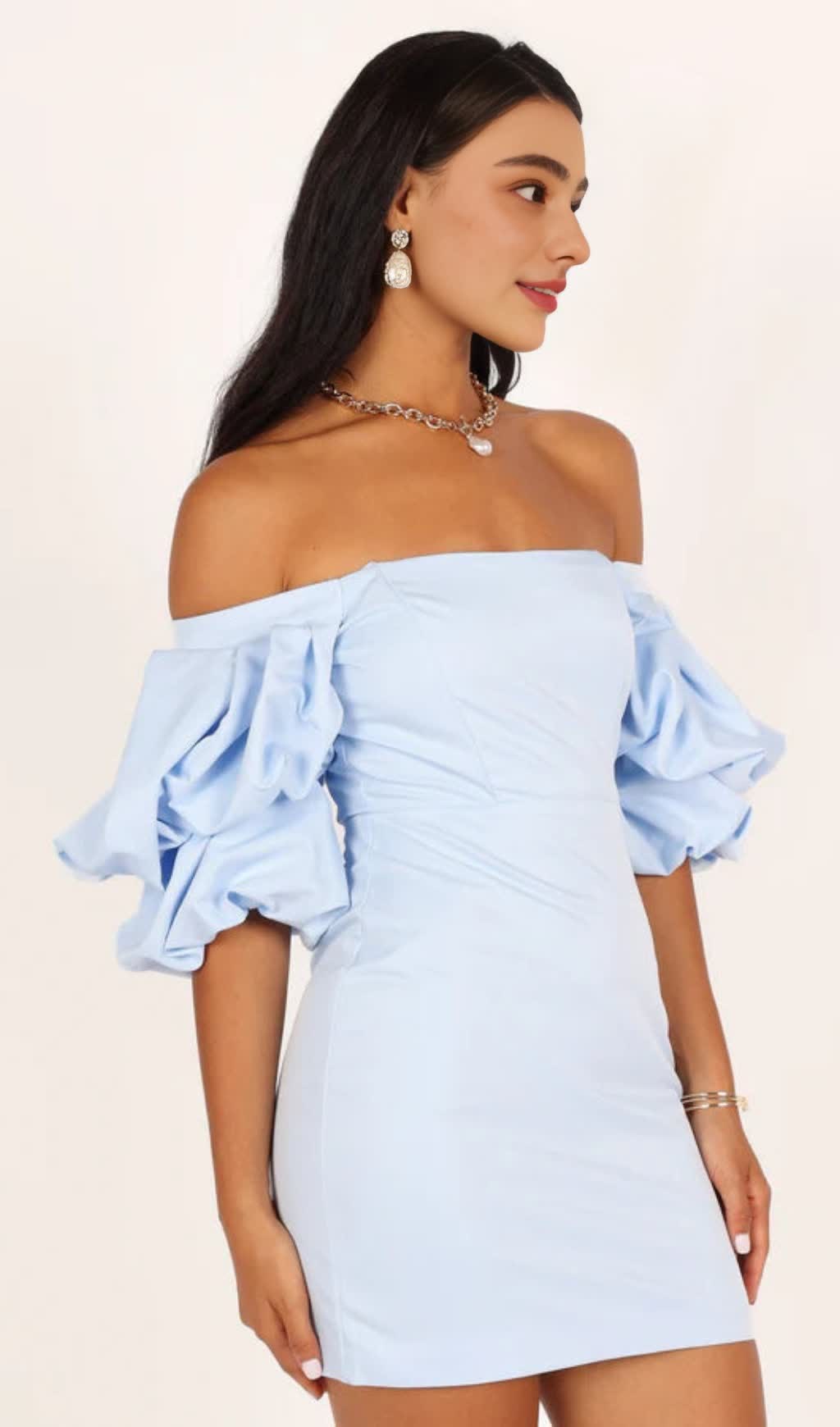 FERN PUFF SLEEVE MINI DRESS - ICY BLUE