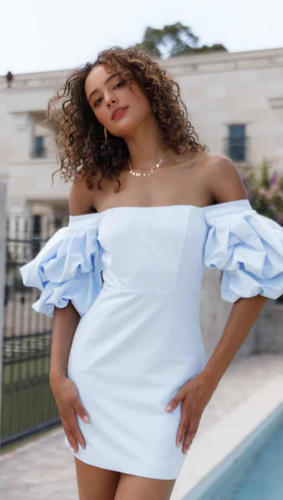 FERN PUFF SLEEVE MINI DRESS - ICY BLUE