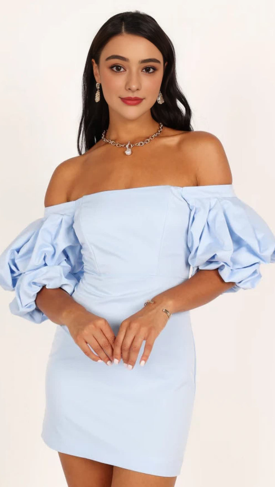 FERN PUFF SLEEVE MINI DRESS - ICY BLUE
