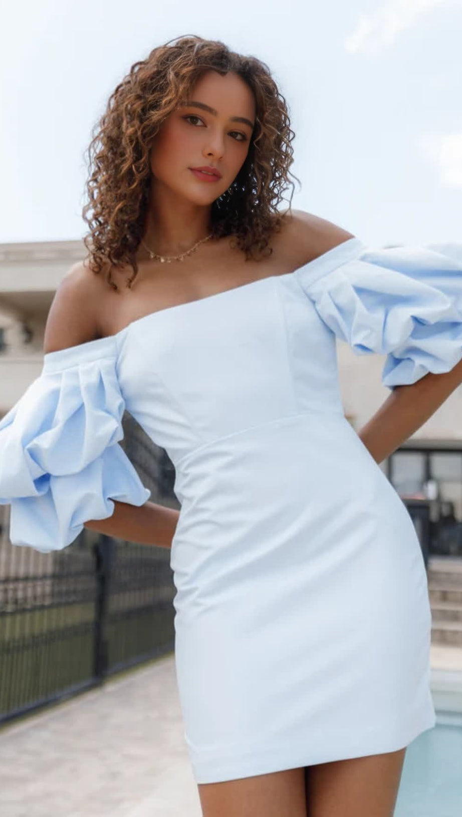 FERN PUFF SLEEVE MINI DRESS - ICY BLUE