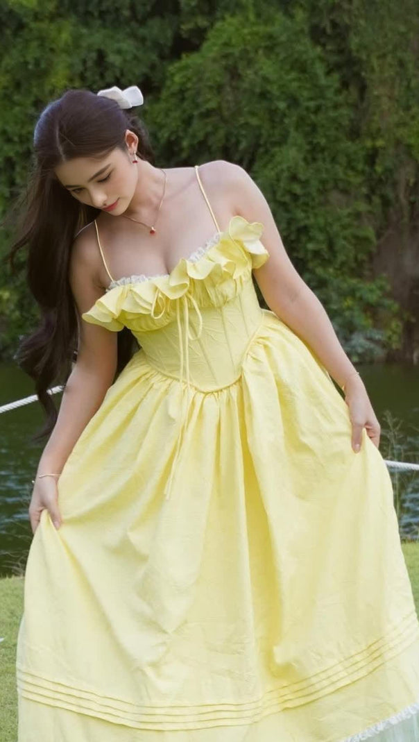 AIIZIE RUFFLE CORSET PUFFY MAXI DRESS IN YELLOW - product image