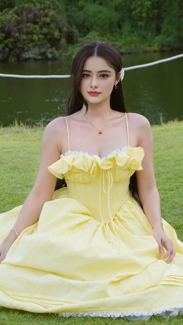 AIIZIE RUFFLE CORSET PUFFY MAXI DRESS IN YELLOW - product image